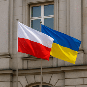 Flagi Polski i Ukrainy powiewające przed budynkiem urzędowym z kamiennej elewacji.