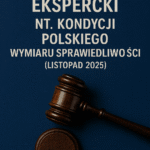 Okładka raportu eksperckiego nt. kondycji polskiego wymiaru sprawiedliwości z listopada 2025 r., z młotkiem sędziowskim na granatowym tle.