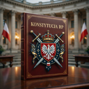 Konstytucja RP z godłem Polski na tle budynku rządowego - symbol prawa i państwowości