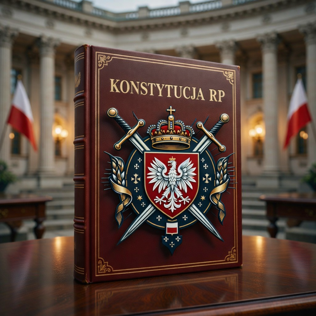 Konstytucja RP z godłem Polski na tle budynku rządowego - symbol prawa i państwowości